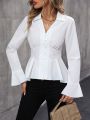 Flare Sleeve Fold Pleated Detail Peplum Blouse