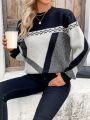 Color Block Round Neck Drop Shoulder Sweater Pullover