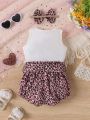 Infant Girls' Simple Heart & Leopard Embroidery Tank Top And Comfortable Shorts Summer Outfit