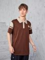 Teenagers (Male) Contrast Color Bear Embroidered Button Half Cardigan Polo Shirt