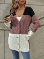 Color Block Drop Shoulder Cable Knit Cardigan