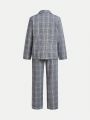 SHEIN Kids FANZEY Tween Boys' Slim Fit Elegant Plaid Notched Lapel Suit Jacket & Pants Two Piece Set