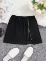 SHEIN Kids FANZEY Tween Girls' Knitted Solid Color Decorative Zipper Loose Fit Skirt