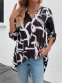 Women's Notched V-neckline Roll-tab Sleeve Printed High Low Hem Casual Shirt