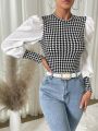 SHEIN Privé Houndstooth Print Puff Sleeve Bodysuit