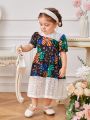 Baby Girl Spring Classic Floral Print Splicing Lace Cute Daily Casual Elegant Gorgeous Dress