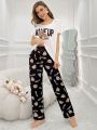 Women'S Cartoon Bear Sleepwear Set With Short Sleeve Top And Long Pants