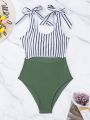 SHEIN Swim Vcay Summer Beach Striped Knot Shoulder One Piece Swimsuit