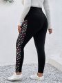 SHEIN LUNE Plus Size Women Valentine's Day Heart Pocket Tight-Fitting Leggings