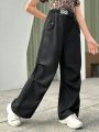 SHEIN Kids HYPEME Girls' Street Style Solid Color Wide Leg Pants With Slanted Pockets, Suitable For Daily Wear