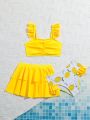 Young Girl Two-Piece Swimsuit Set With Lemon Print & Ruffle Bikini Top, Matching Skirt Cover Up For Beach Vacation, Spring/Summer