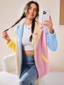 SHEIN Qutie Color Block Lapel Neck Open Front Teddy Coat