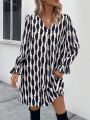 Allover Print Flare Sleeve Tunic Dress