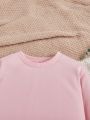 SHEIN Kids EVRYDAY Big Girls' Knitted Solid Color Sweater With Round Collar And Loose Short Style, Plus Knitted Solid Color Shorts With Pleats, 2pcs/set