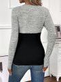 SHEIN LUNE Women's Two Tone Button Detail Asymmetrical Neckline Long Sleeve T-shirt