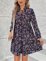 SHEIN LUNE Tie-Neckline Floral Print Lantern Sleeve Dress