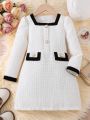 Toddler Girls Contrast Binding Flap Detail Pearls Button Dress & Hat