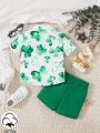 SHEIN 2pcs/Set Infant Boys' Casual Day Watercolor Four-Leaf Clover Pattern Printed Shirt With Collar And Shorts Outfit, Great For St. Patrick'S Day