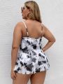 SHEIN Swim Vcay Plus Tie Dye Semi-Sheer Mesh Tankini Set Ruffle Hem Swim Cami Dress & High Waisted Bottom 2 Piece Separate Bathing Suit