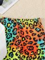 SHEIN Kids HYPEME Teen Girls' Leopard Print Heart Pattern Sweatshirt And Flared Pants Set