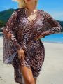 SHEIN Swim Vcay V-Neck Leopard Print Swimsuit Cover Up With Random Printed Pattern