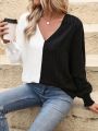 Women's Color Block V-neck Wrap Front Shirred Blouse