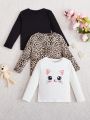 SHEIN Kids KDOMO Girls' Casual Fit Cat & Leopard Pattern Crewneck T-Shirt, Multi-Pack