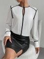 SHEIN Privé Women's Color Block Rolled Edge Keyhole Collar Shirt