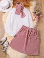 Teen Girls' Long Sleeve T-shirt With Fake Pocket, Skirt And Scarf 3pcs Outfit