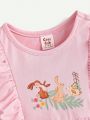 Cozy Cub Baby Girl's 2pcs/Set Plant Cartoon Patterned Round-Neck Dress With Ruffled Hem And Bubble Sleeves