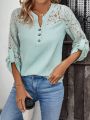 Women'S Lace Splice Notched Collar Blouse With Flounce Sleeve