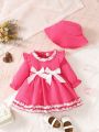 Baby Girl Ruffle Trim Flounce Sleeve Bow Front Dress & Hat