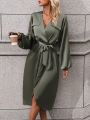 Green Wrap V-neck Lantern Sleeve Maxi Dress