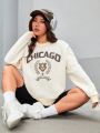 Badge Letter Printed Round Neck Drop Shoulder Sweatshirt