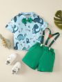 Baby Boy Cute Dinosaur Pattern Bow Tie Short-Sleeved Shirt + Suspender Shorts Set
