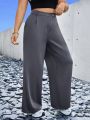 SHEIN Coolane Women's Plus Size Solid Color Fold Over Pleated Straight Leg Pants