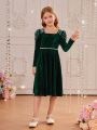 SHEIN Tween Girl Square Neck Gigot Sleeve Pearls Beaded Velvet Dress