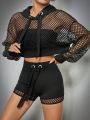 SHEIN Coolane Women's Fishnet Cropped Hoodie And Cycling Shorts 2 Piece Outfit