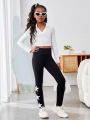 SHEIN Kids Cooltwn Tween Girls' Street Style Sports Knitted High Elasticity Skinny Pants