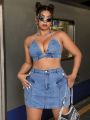 Plus Size Women's Shortened Halter Belted Denim Top