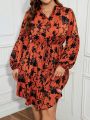 SHEIN LUNE Plus Size Flower Pattern Lantern Sleeve Dress