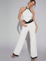 Luxe Contrast Trim Halter Top & Wide Leg Pants