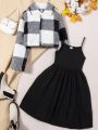 SHEIN Kids SUNSHNE Girls' (big) Grid Pattern Coat And Strap Dress Set