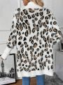 SHEIN LUNE Leopard Pattern Contrast Trim Batwing Sleeve Duster Cardigan