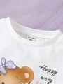 SHEIN Kids QTFun Young Girls' Knit Bear Pattern T-Shirt And Solid Color Shorts 2pcs/Set