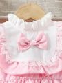 Baby Girl Spring Summer Two-Piece Pink Lace Puff Sleeve Dress With Bowknot & Hat For Daily Wear And Wedding