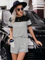 SHEIN LUNE Casual Short Sleeve Striped Round Neck 2pcs Set