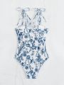 SHEIN Swim Chicsea Women'S Floral Printed Cut-Out One Piece Swimsuit With Knot Front