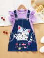 SHEIN Kids EVRYDAY Little Girls' Knitted Loose Fit Casual Dress With Cat Pattern And Round Neckline