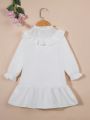 SHEIN Kids EVRYDAY Toddler Girls' Solid Color Ruffle Hem Long Sleeve Dress For Autumn And Winter